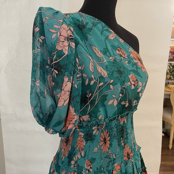 Teal Floral One Shoulder Dress - Picture 3 of 5